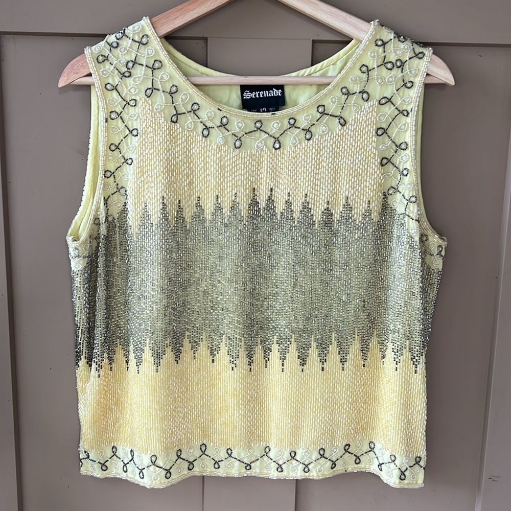 Beautiful Vintage Serenade Fully Beaded Tank Blouse Yellow & Silver sz 14 - Picture 11 of 11